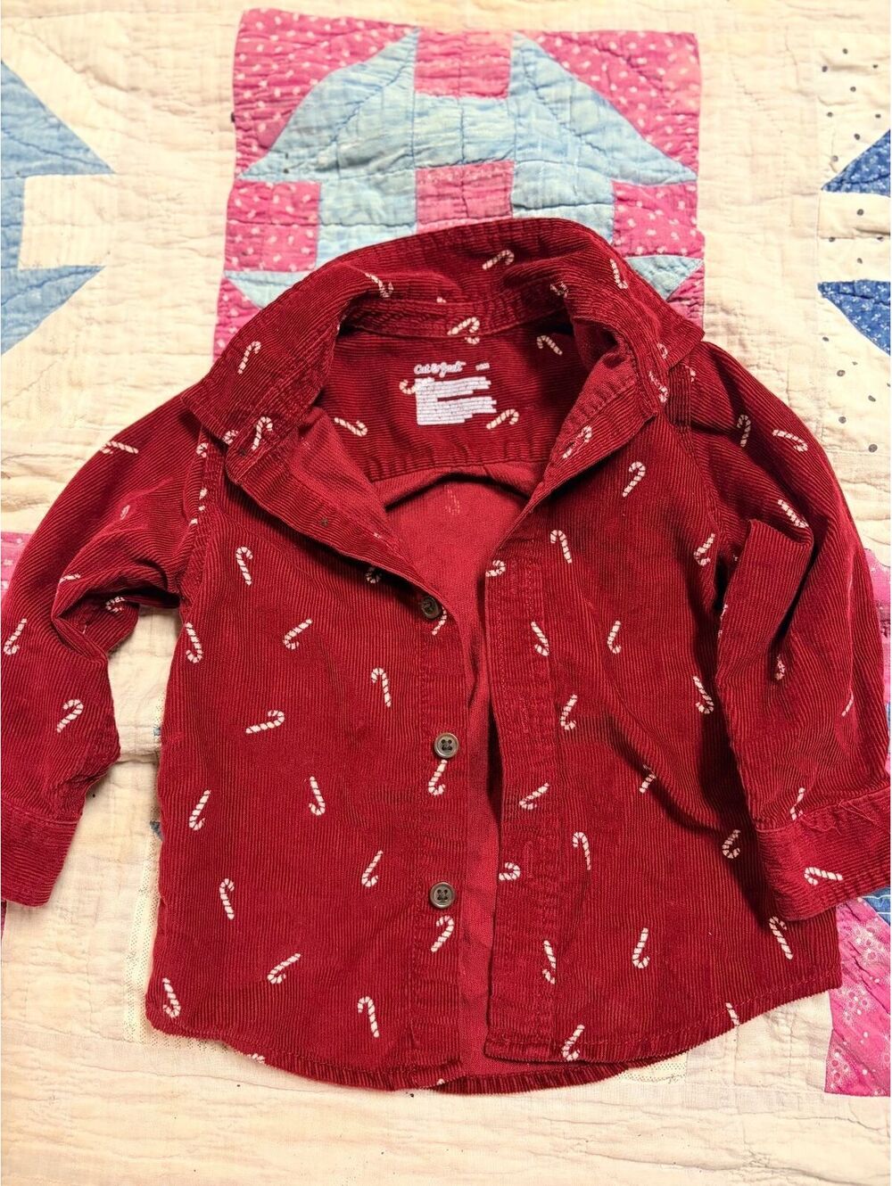 Red Corduroy Candy Cane Christmas Button Down Shirt Baby Boy 18M